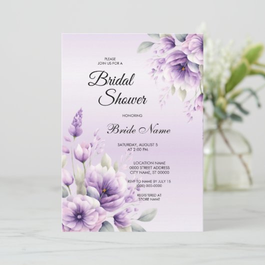 Aquarell Lila Blumendusche Einladung (Stehend Vorderseite)