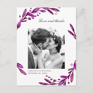 Aquarell lila Blumenelemente Hochzeitsfoto Danke Postkarte