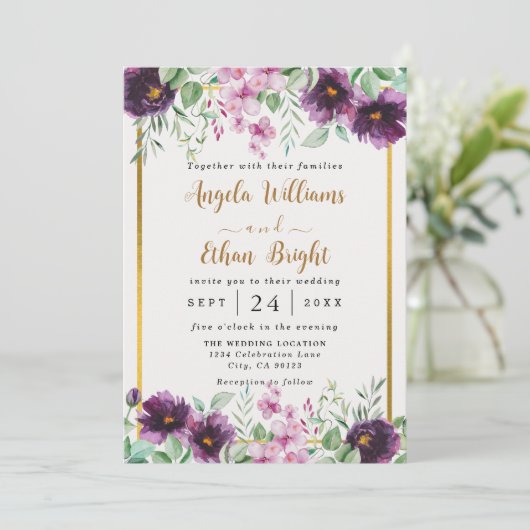 Aquarell Lila Florals Hochzeitsfeier Save The Date (Stehend Vorderseite)