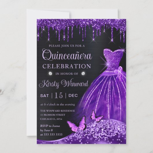 Aquarell Lila Glitzer Kleid Quinceanera Einladung (Vorderseite)