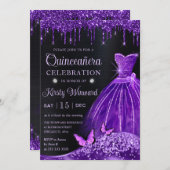 Aquarell Lila Glitzer Kleid Quinceanera Einladung (Vorne/Hinten)
