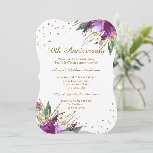 Aquarell Lila Gold Blume 50 Jahre Jubiläum Einladung (Stehend Vorderseite)