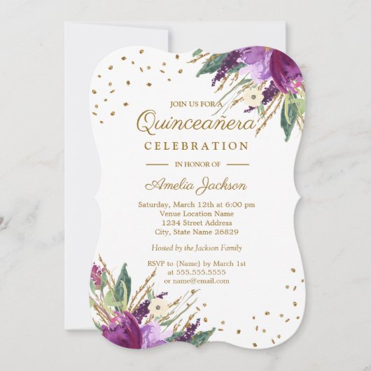 Aquarell Lila Gold Blume Quinceanera Einladung (Vorderseite)