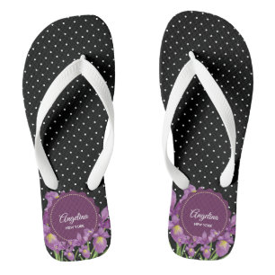 Aquarell Lila Iris Schwarz-weiß Polka Dots Badesandalen