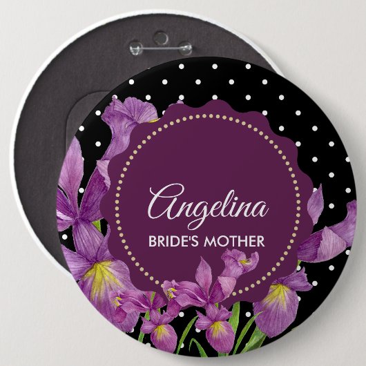 Aquarell Lila Iris Schwarz-weiß Polka Dots Button (Vorne & Hinten)