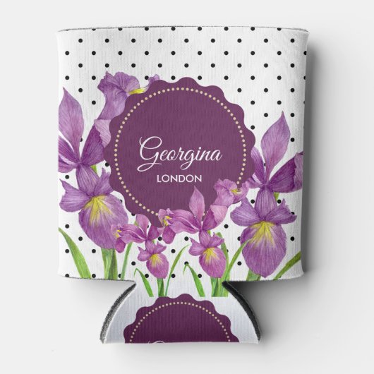 Aquarell Lila Iris Schwarz-weiß Polka Dots Dosenkühler (Vorderseite)