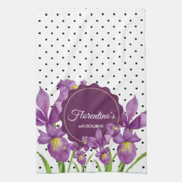 Aquarell Lila Iris Schwarz-weiß Polka Dots Geschirrtuch