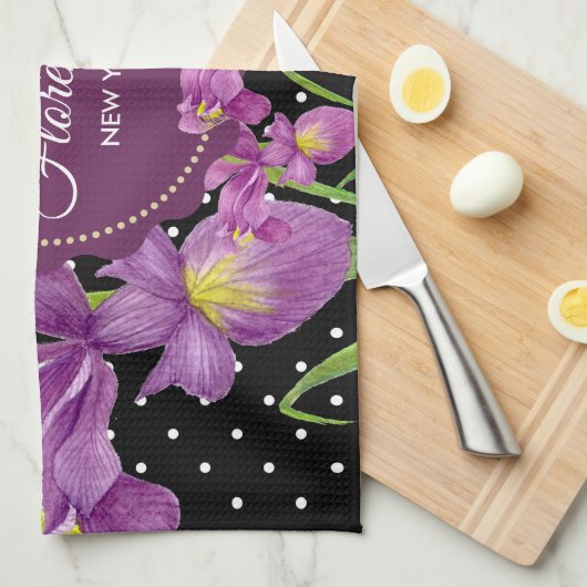 Aquarell Lila Iris Schwarz-weiß Polka Dots Geschirrtuch (Viertel Falte)
