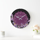 Aquarell Lila Iris Schwarz-weiß Polka Dots Große Wanduhr (Zuhause)