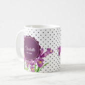 Aquarell Lila Iris Schwarz-weiß Polka Dots Kaffeetasse (Vorderseite Links)
