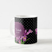 Aquarell Lila Iris Schwarz-weiß Polka Dots Kaffeetasse (Vorderseite Links)