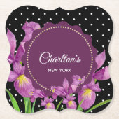 Aquarell Lila Iris Schwarz-weiß Polka Dots Untersetzer (Vorderseite)