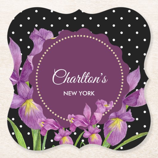 Aquarell Lila Iris Schwarz-weiß Polka Dots Untersetzer (Vorderseite)