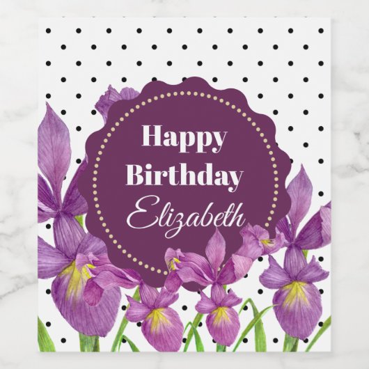Aquarell Lila Iris Schwarz-weiß Polka Dots Weinetikett (Einzelnes Label)