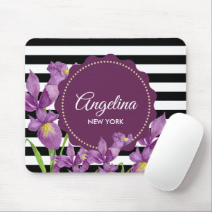 Aquarell Lila Iris Schwarz-Weiß-Streifen-Muster Mousepad