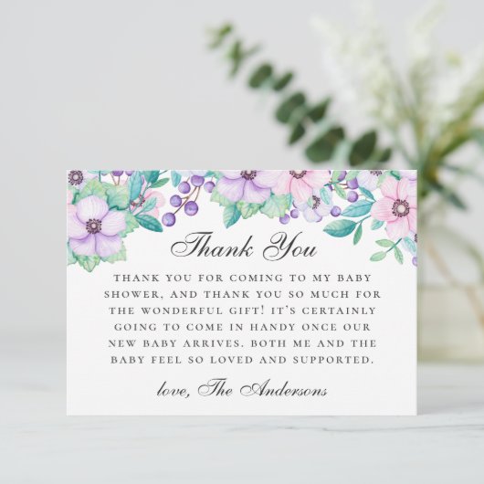 Aquarell lila rosa Blumengarten Babydusche Dankeskarte (Stehend Vorderseite)