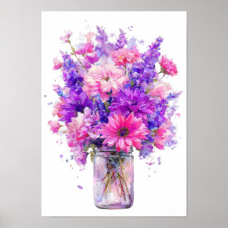 Aquarell-Lila-Rosa-Blumenstrauß im Glas Poster