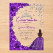 Aquarell Lila Rosen Silber Quinceanera Acryleinladungen (Vorderseite)