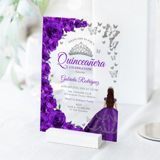 Aquarell Lila Rosen Silber Quinceanera Acryleinladungen