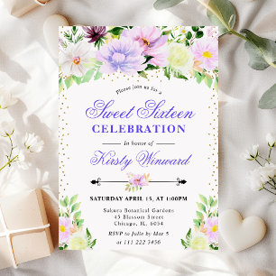 Aquarell Lila Sommerblumen Foto Sweet 16 Einladung