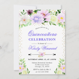 Aquarell Lila Sommerblumen Quinceanera Einladung