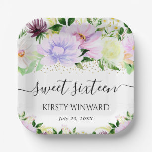 Aquarell lila Sommerblumen Sweet Sixteen Pappteller