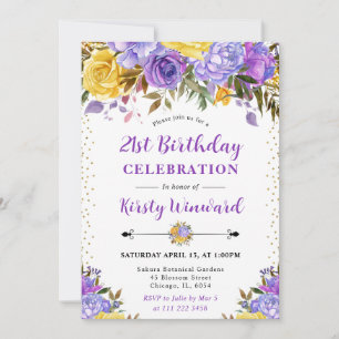 Aquarell lila und gelbe Blumen 21. Geburtstag Einladung