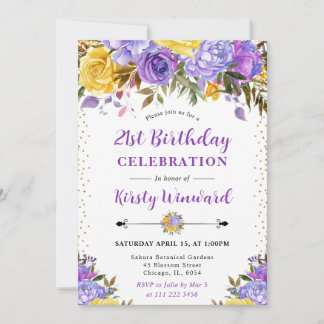 Aquarell Lila und Gelbe Blumen 21. Geburtstag Einladung