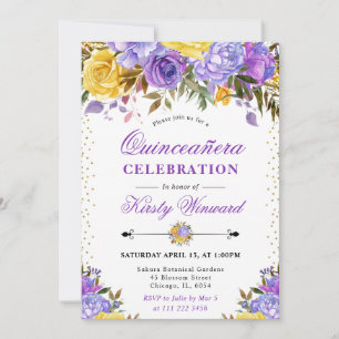 Aquarell lila und gelbe Blumen Quinceanera Einladung
