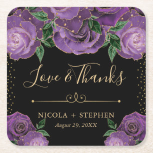 Aquarell-Lila- und Gold-Glamour-Rosen-Hochzeit Rechteckiger Pappuntersetzer