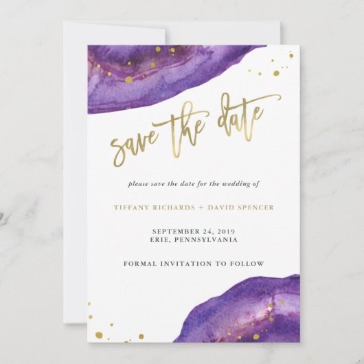 Aquarell Lila und Goldgeode Save the Date (Vorderseite)