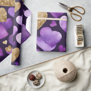 Aquarell-Lila- und Goldtinte-Valentinsherzen Geschenkpapier