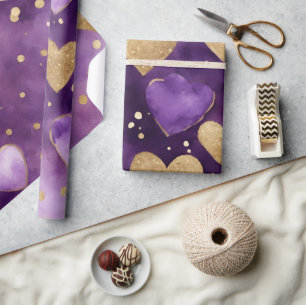Aquarell-Lila- und Goldtinte-Valentinsherzen Geschenkpapier