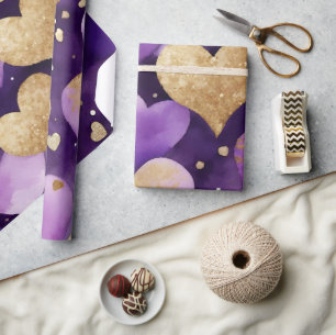 Aquarell-Lila- und Goldtinte Valentinstag-Herzen Geschenkpapier