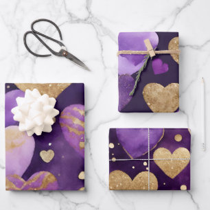 Aquarell-Lila- und Goldtinte Valentinstag-Herzen Geschenkpapier Set