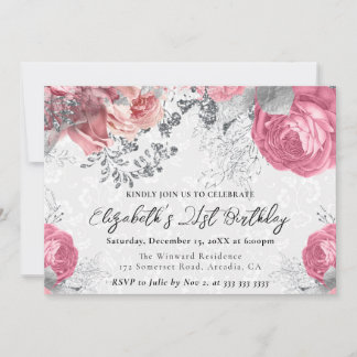 Aquarell Lila und Silber Rose 21. Geburtstag Einladung