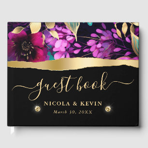 Aquarell-Lila- und Türkisblumen-Hochzeit Gästebuch