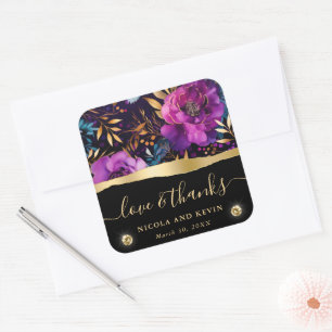 Aquarell-Lila- und Türkisblumen-Hochzeit Quadratischer Aufkleber
