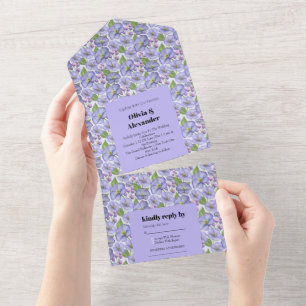 Aquarell Lila Veilchen & Floralmuster All In One Einladung