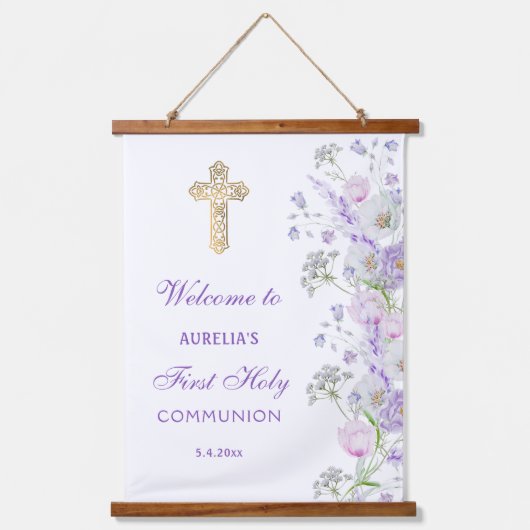 Aquarell Lilac Blume Erste Kommune Willkommen Wandteppich Mit Holzrahmen (Vorderseite)