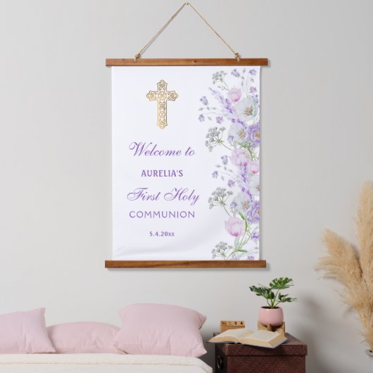 Aquarell Lilac Blume Erste Kommune Willkommen Wandteppich Mit Holzrahmen (Schlafzimmer)