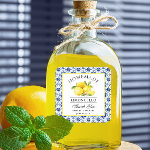 Aquarell-Limonen Blaue Fliesen Limoncello Danke Quadratischer Aufkleber