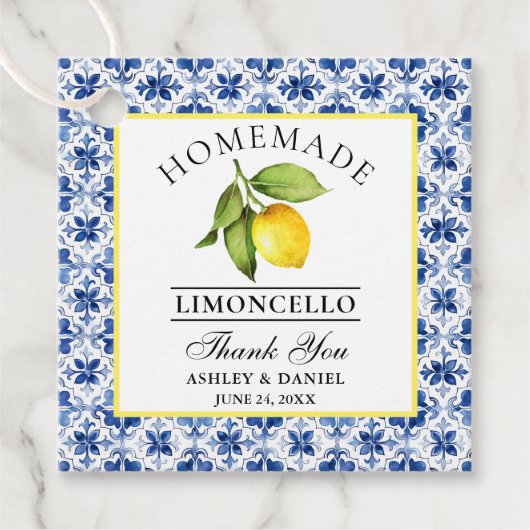 Aquarell-Limonen-blaue Fliesen-Limoncello-Dankesch Geschenkanhänger (Vorderseite)