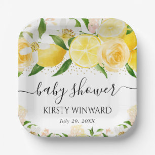 Aquarell-Limonen und Blumen-Baby-Party Pappteller