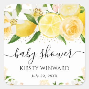 Aquarell-Limonen und Blumen-Baby-Party Quadratischer Aufkleber
