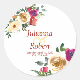 Aquarell-Limonen- und Magenta-Blumen-Hochzeit klas Runder Aufkleber
