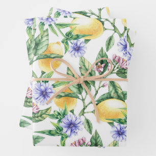 Aquarell-Limonen, Zitronenblüten und Kornblumen  Geschenkpapier Set
