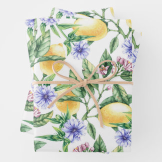 Aquarell-Limonen, Zitronenblüten und Kornblumen Geschenkpapier Set