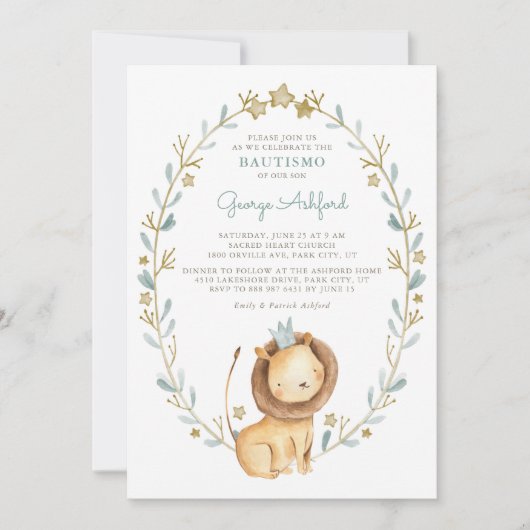 Aquarell Lion Prince Baby Boy Bautismo Einladung (Vorderseite)