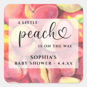 Aquarell Little Peach ist auf dem Weg Baby Shower  Quadratischer Aufkleber